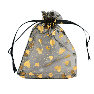Sieraad zakje organza 9x12cm hart Black-gold