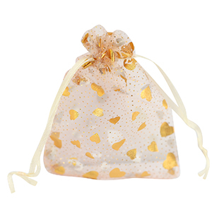 Sieraad zakje organza 9x12cm hart Peach-gold