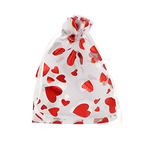 Sieraad zakje organza 9x12cm hart White-red