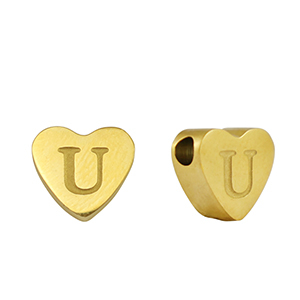 Roestvrij stalen (RVS) Stainless steel kralen hart letter U Gold