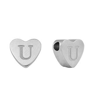Roestvrij stalen (RVS) Stainless steel kralen hart letter U Silver
