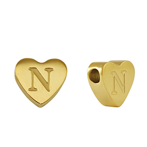 Roestvrij stalen (RVS) Stainless steel kralen hart letter N Gold