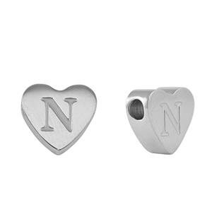 Roestvrij stalen (RVS) Stainless steel kralen hart letter N Silver