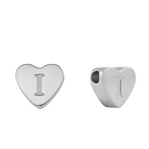 Roestvrij stalen (RVS) Stainless steel kralen hart letter I Silver