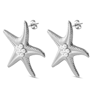 Roestvrij stalen (RVS) Stainless steel oorbellen / oorstekers zeester imitatie parels Silver