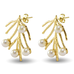 Roestvrij stalen (RVS) Stainless steel oorbellen / oorstekers zeewier imitatie parels Gold