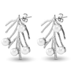 Roestvrij stalen (RVS) Stainless steel oorbellen / oorstekers zeewier imitatie parels Silver