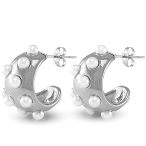Roestvrij stalen (RVS) Stainless steel oorbellen / oorstekers imitatie parels Silver