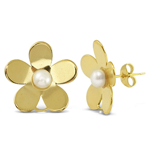 Roestvrij stalen (RVS) Stainless steel oorbellen / oorstekers parels bloem met oogje Gold