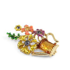 Broches bloemen in gieter Multicolour-gold