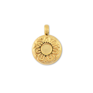 Roestvrij stalen (RVS) Stainless steel bedels rond met bloem Gold
