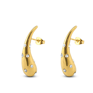Roestvrij stalen (RVS) Stainless steel oorbellen / oorstekers druppel met strass Gold