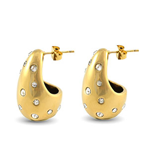 Roestvrij stalen (RVS) Stainless steel oorbellen / oorstekers druppel met strass Gold