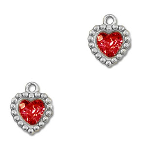 Roestvrij stalen (RVS) Stainless steel bedels zirkonia hart Silver-red