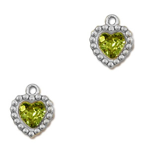 Roestvrij stalen (RVS) Stainless steel bedels zirkonia hart Silver-lime green