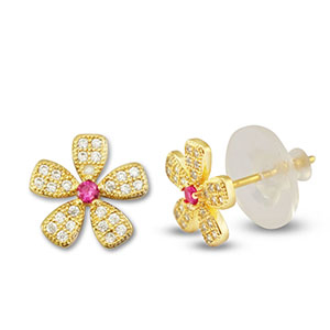 Brass TQ metaal oorbellen / oorstekers zirkonia bloem Gold