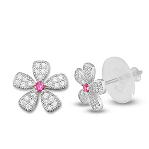 Brass TQ metaal oorbellen / oorstekers zirkonia bloem Silver