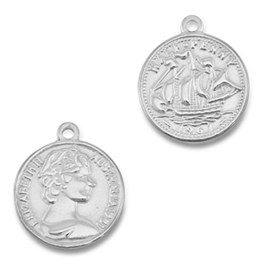Roestvrij stalen (RVS) Stainless steel bedels munt met schip/gezicht Silver