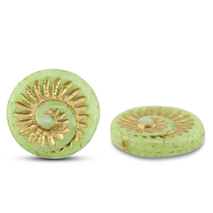 Czech kralen fossil shell 18mm Olive green-gold