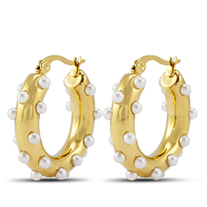 Roestvrij stalen (RVS) Stainless steel oorbellen / oorstekers creolen met imitatie parels Gold