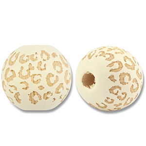 Houten kralen rond 16mm patroon Off white-natural