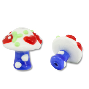 Handgeschilderde glaskralen paddenstoel Blue-white-red