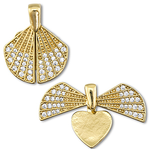 Eco-brass&reg; metaal medaillon bedels zirkonia schelp / hart Gold