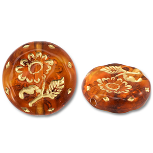 Acryl kralen rond met bloem Orange brown-gold