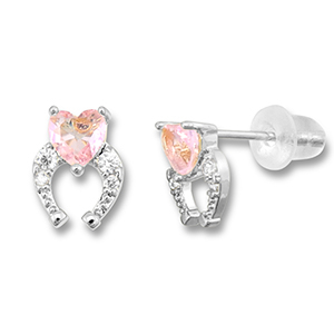 Brass TQ metaal oorbellen / oorstekers hoefijzer met hart Silver-light pink