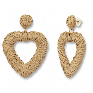 Trendy raffia oorbellen hart Light brown-gold