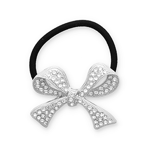 Haaraccessoires haarelastiek met metaal strik met strass Silver-black-transparent