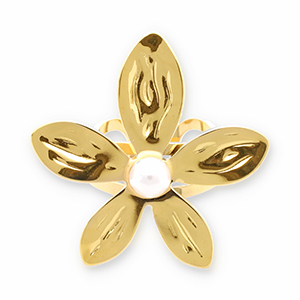 Roestvrij stalen (RVS) Stainless steel ringen bloem met parel Gold-white