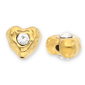 Roestvrij stalen (RVS) Stainless steel kralen hart met strass Gold-transparent