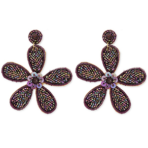 Trendy oorbellen / oorstekers met glaskralen bloem Aubergine