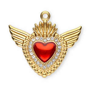 Roestvrij stalen (RVS) Stainless steel bedels heilig hart met vleugels Gold-red-crystal