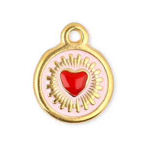 Roestvrij stalen (RVS) Stainless steel bedels rond met hart Gold-red-light pink