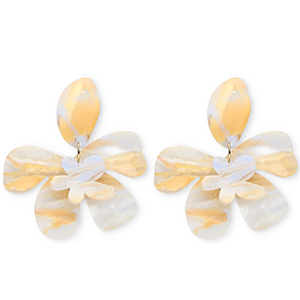 Trendy resin oorbellen&nbsp;/&nbsp;oorstekers bloem Ivory white-light carolina blue-light orange