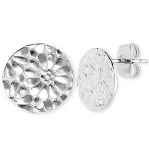 Roestvrij stalen (RVS) Stainless steel onderdelen oorbellen / oorstekers rond met bloem met oogje Silver