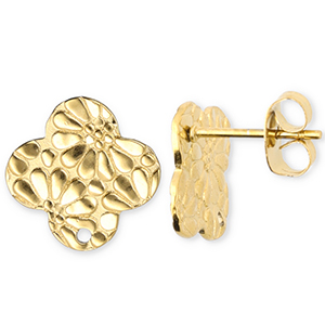 Roestvrij stalen (RVS) Stainless steel onderdelen oorbellen / oorstekers klaver met bloem met oogje Gold