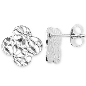 Roestvrij stalen (RVS) Stainless steel onderdelen oorbellen / oorstekers klaver met bloem met oogje Silver
