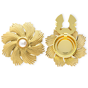 Roestvrij stalen (RVS) Stainless steel button covers bloem met imitatieparel Gold-white