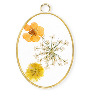 Bedels met gedroogde bloemetjes ovaal Gold-off white-soft orange-orange