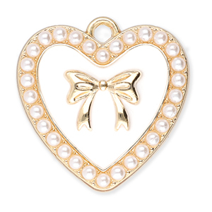 Bedels metaal hart met parels en strik Gold-white