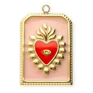 Roestvrij stalen (RVS) Stainless steel bedels rechthoek met hart Gold-vintage pink-red