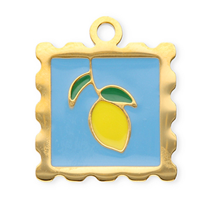 Roestvrij stalen (RVS) Stainless steel bedels vierkant met citroen Gold-blue-yellow-dark green