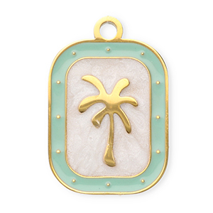 Roestvrij stalen (RVS) Stainless steel bedels rechthoek met palmboom Gold-mint green-white