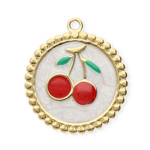 Roestvrij stalen (RVS) Stainless steel bedels rond met kersen Gold-pearl white-red-green