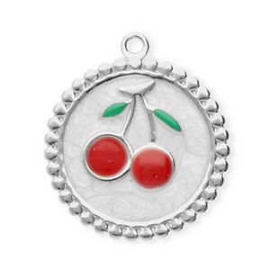 Roestvrij stalen (RVS) Stainless steel bedels rond met kersen Silver-pearl white-red-green