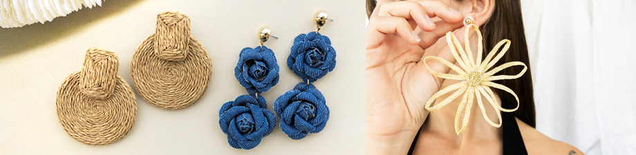 Statement raffia en denim oorbellen